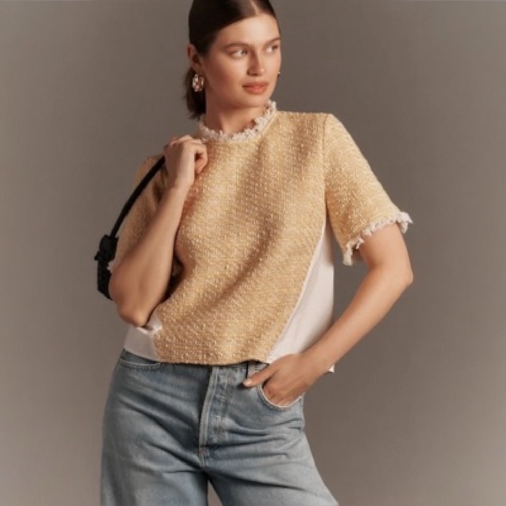 EUC [Maeve] Crisp Poplin Top {Anthro} Yellow Tweed Twofer Blouse | XXS · 00